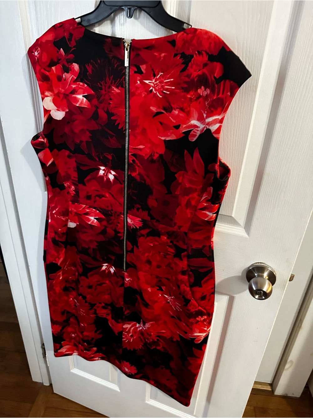 Calvin Klein Red Floral Sheath Dress with Exposed Back Zip